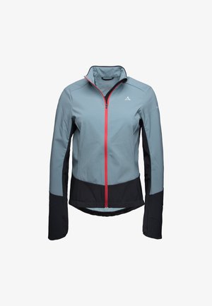 Hellblaues Sportjackett mit rotem Reißverschluss, schwarzen Akzenten an den Ärmeln und dem Saum sowie einer schlanken Passform. Hergestellt aus einem glatten, dehnbaren Material.