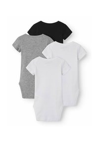 Trois bodies à manches courtes en noir, gris et blanc. Chacun présente une coupe ajustée et un tissu en coton doux avec un col rond.
