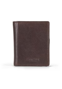 Portafoglio in pelle marrone con una finitura texturizzata e bordi cuciti. Caratterizzato da un logo del marchio impresso sulla parte anteriore, design bifold compatto.