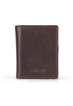 Brown leather wallet with a textured finish and stitched edges. Features embossed brand logo on the front, compact bifold design.