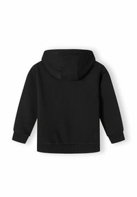 Black hoodie with a soft texture, featuring a large hood, ribbed cuffs, and hem. Simple design with no visible logos or patterns.