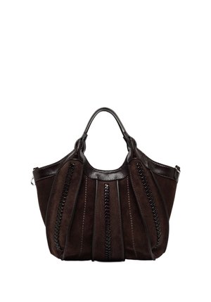 Grande borsa a mano in pelle marrone scuro con dettagli verticali intrecciati e due manici.