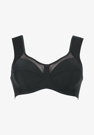 Soutien-gorge noir avec bretelles larges, bonnets moulés et détails en mesh. Tissu lisse avec des accents de couture pour la structure et le soutien. Fermeture à crochet réglable.