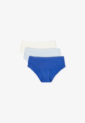 Tre paia di slip in cotone costellato nei colori bianco, azzurro chiaro e blu scuro. Il design presenta un taglio classico con vita elasticizzata.