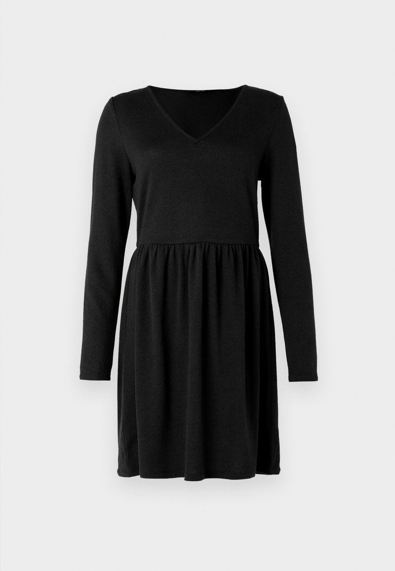 Zwarte lange mouwen jurk met een V-hals, gecentreerde taille en uitlopende rok. Gemaakt van zachte, gestructureerde stof met een effen kleur ontwerp.