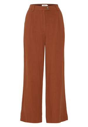 Wide-leg trousers in burnt orange fabric, featuring a single front button, pleats, and a smooth texture. Tailored design for a relaxed fit.