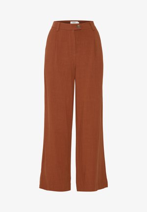 Bredde bukser i brændt orange stof, med en enkelt frontknap, folder og en glat tekstur. Skræddersyet design for en afslappet pasform.