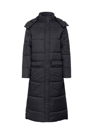 Abrigo acolchado negro con cuello alto, mangas largas y dos bolsillos frontales. Presenta un diseño acolchado y una cremallera de longitud completa.