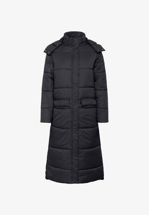Langer schwarzer Puffermantel mit hohem Kragen, Frontreißverschluss, zwei Fronttaschen und geknöpften Schulterakzenten. Hergestellt aus gepolstertem, isoliertem Material.