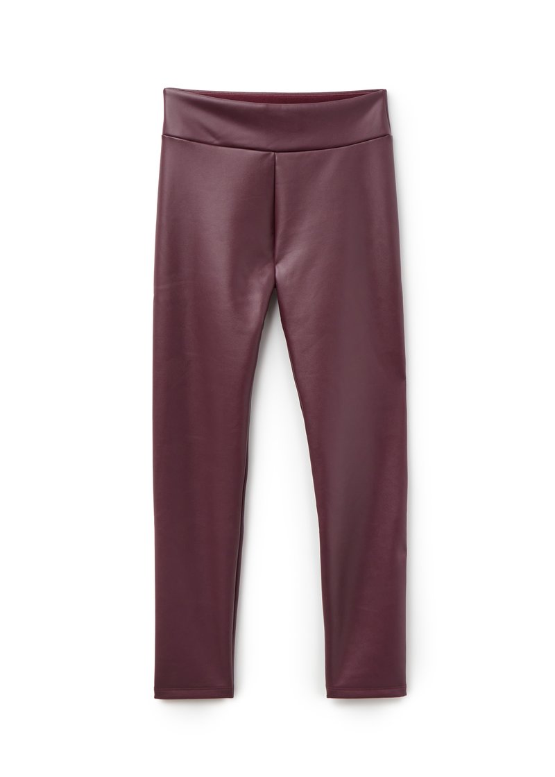 Burgundy leggings med en slät, elastisk textur och en hög midja, med en figurnära silhuett och utan synliga sömmar eller mönster.