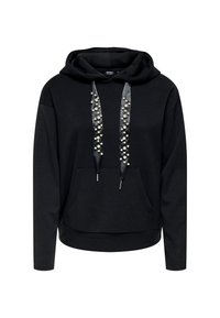 Felpa nera con tasca frontale, cordini in satin decorati con perle bianche sparse e maniche lunghe.