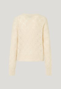 Suéter de color crema con un patrón texturizado de punto. Cuenta con mangas largas, cuello redondo y un dobladillo ceñido.