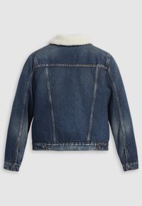 Denimjakke med en kremfarget, falsk pelskrage, mørkeblå farge, slitt tekstur og trykknapplukking i livet.