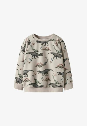 Beige kindersweatshirt met kleurrijke dinosauruss patronen, waaronder T-Rex, Stegosaurus, Brachiosaurus en vliegende pterosauriërs.