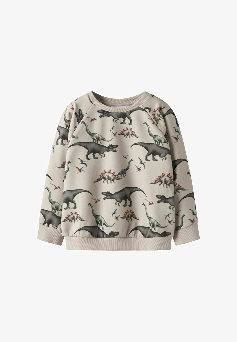 Beiger Kinder-Sweatshirt mit bunten Dinosauriermustern, darunter T-Rex, Stegosaurus, Brachiosaurus und fliegende Pterosaurier.
