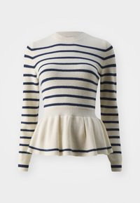 Pull rayé avec un col rond, des manches longues et un ourlet à basque. Confectionné dans un tissu doux et texturé avec des rayures horizontales crème et bleu marine.