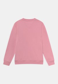 Felpa rosa con collo rotondo, polsini e bordo a costine, texture liscia e design semplice. Nessun marchio o motivo visibile.