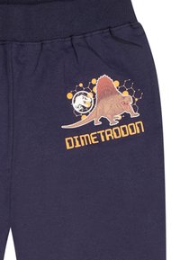 Marineblauwe joggingsbroek met een oranje afbeelding van een Dimetrodon en de tekst "DIMETRODON", gemaakt van zacht materiaal en met een elastische tailleband.