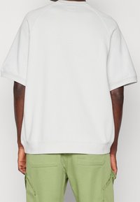 Jasnoszary, oversized sweatshirt z krótkimi rękawami, okrągłym dekoltem i ściągaczem na dole. Posiada subtelną metkę z tyłu.