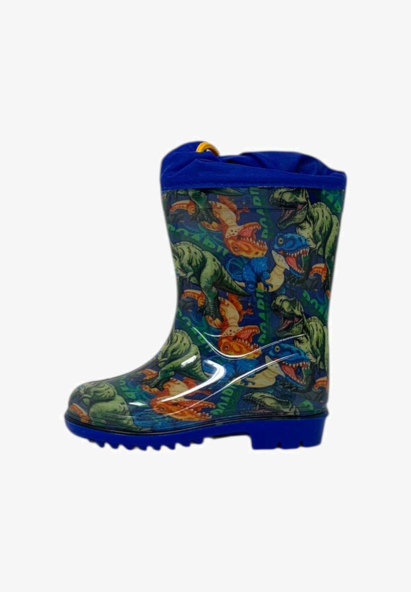 Stivale da pioggia in gomma con bordo blu e motivi di dinosauri in vari colori, dotato di suola testurizzata per una buona aderenza. Il materiale trasparente conferisce lucentezza.