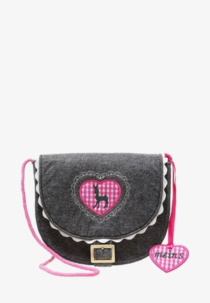 Petit sac à bandoulière en feutre gris avec cœur vichy rose et silhouette de cerf noire, bordure blanche festonnée, bandoulière rose et étiquette en forme de cœur indiquant « meins ».