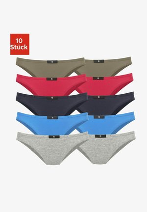 Dieci paia di mutandine in cotone da donna nei colori verde, rosa, blu navy, blu e grigio. Presentano un taglio a vita media e una fascia nera con logo.