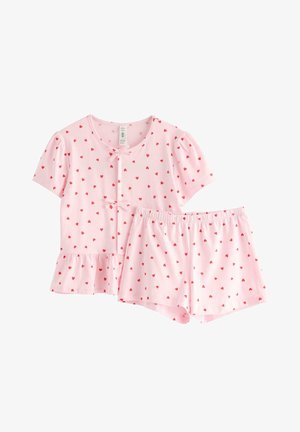 Lyserødt kortærmet pyjamasæt med rødt hjerte-mønster, med en knap-op toppen med sløjfer og matchende shorts med elastik i taljen.