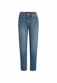 Ljusblå denimjeans med rak benstil, hög midja, fem fickor och subtila slitningar på låret. Metallknapp och dragkedjestängning.