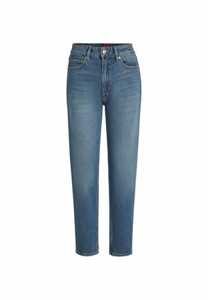 Light blue denim jeans with a straight-leg cut, high waist, five pockets, and subtle whiskering on the thigh. Metal button and zipper closure.