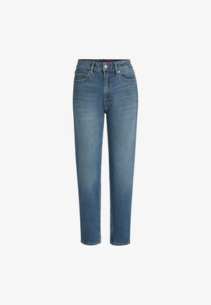 Lichtblauwe spijkerbroek met een recht model, hoge taille, vijf zakken en subtiele slijtage aan de dij. Metalen knoop- en ritssluiting.