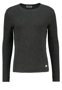 Dunkelgrauer Langarm-Pullover aus geripptem Strickstoff. Mit Rundhalsausschnitt und kleinem Markenetikett auf der unteren linken Seite.