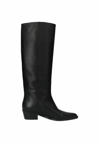 Bottes en cuir noir arrivant jusqu'au genou avec une forme de bout rectangulaire, un petit talon carré et une texture lisse. Présente des accents de design minimalistes.