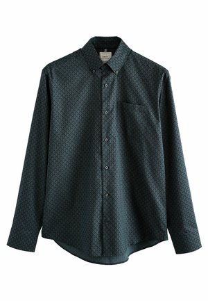 Ilgųjų rankovių mygtukinė marškiniai tamsiai mėlynos spalvos su lapų raštu, su kairiu krūtinės kišeniu ir klasikiniu apykaklės dizainu. Textūruota medžiaga.