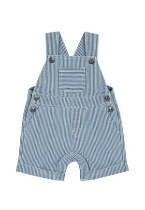 Salopette à rayures bleues en tissu léger. Dotée de bretelles ajustables, d'une poche frontale et de deux poches latérales. Short avec des manchettes repliées.