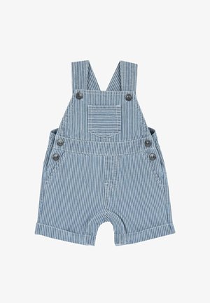 Niebieskie paskowane ogrodniczki wykonane z lekkiej tkaniny. Posiadają regulowane ramiączka, przednią kieszeń oraz dwie boczne kieszenie. Szorty z podwiniętymi nogawkami.