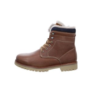 Brauner Leder-Winterstiefel mit beigen Schnürsenkeln, Fellfutter, schwarzem Kragen und dicker beiger Gummisohle.
