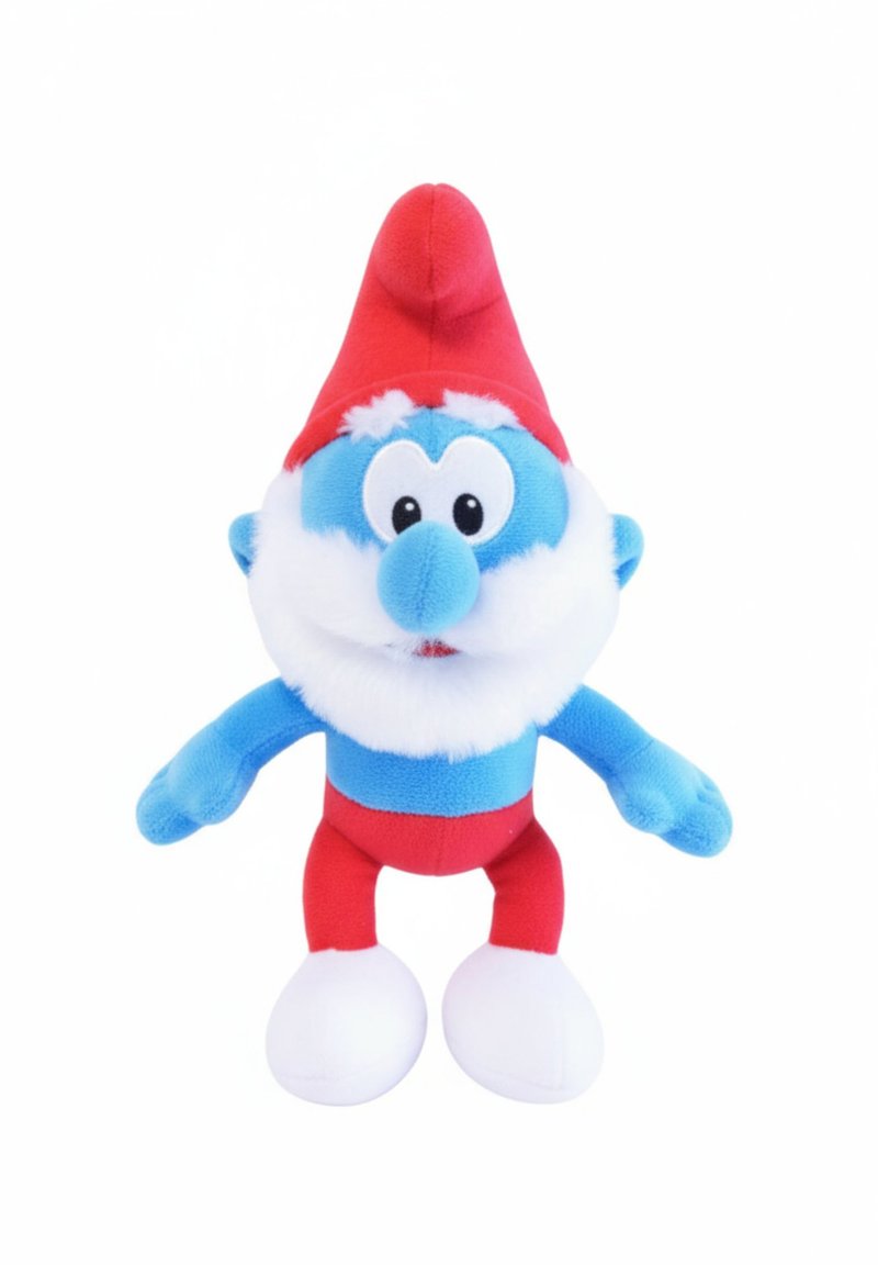 Pluche Smurf karakter, met blauwe stof, witte baard, rode hoed en rode broek. Ronde zwarte ogen en witte schoenen. Zachte textuur.