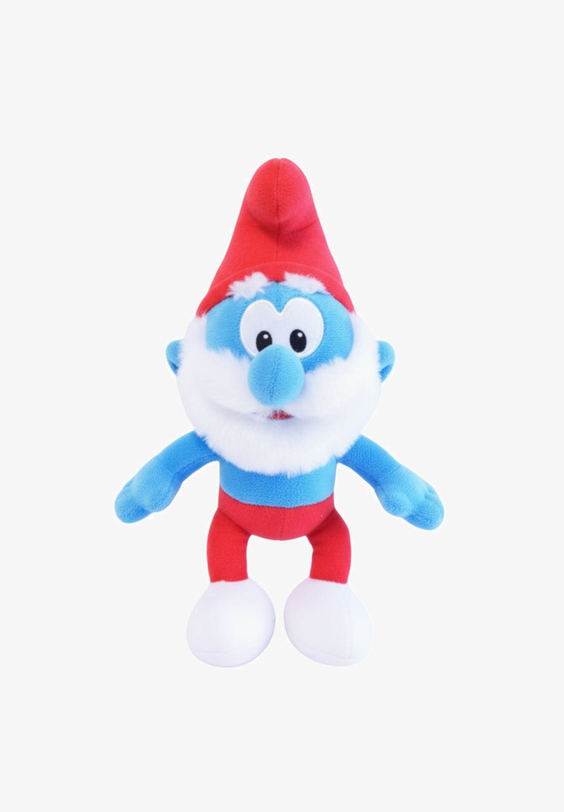 Pluche Smurf karakter, met blauwe stof, witte baard, rode hoed en rode broek. Ronde zwarte ogen en witte schoenen. Zachte textuur.