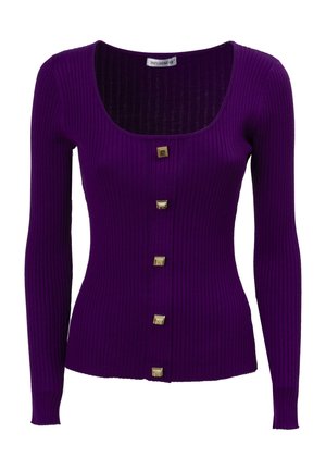 Cardigan lungo a maniche lunghe viola a coste con scollo tondo, caratterizzato da cinque bottoni quadrati dorati sul davanti. Tessuto morbido e design fitted.