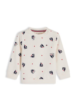 Cămașă pentru bebeluși cu mânecă lungă, culoare crem, cu modele de velier albastru închis și stea roșie, cu branding Tommy Hilfiger și capse pe umăr.