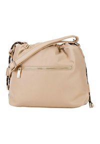Sac à main en nylon beige avec un dessus froncé, une bandoulière ajustable, des accessoires en or, et une poche zippée à l'avant avec des accents de cordon contrastants.