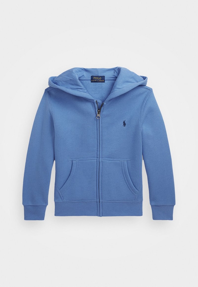 Sweat à capuche zippé bleu avec poches avant, manches longues, capuche attachée, et logo Polo Ralph Lauren brodé sur le côté gauche de la poitrine.