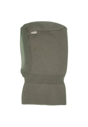 Knit olive green balaclava with ribbed sections at the neck and edges, designed for full head and neck coverage.