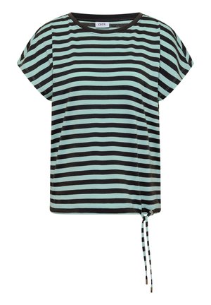 Camiseta de manga corta con rayas horizontales negras y verde menta, cuello redondo y cordón ajustable en el bajo sobre un fondo blanco.