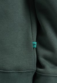 Donkergroene sweatshirt met een ribgebreide zoom en manchetten, voorzien van een klein, turquoise label aan de zijkant. Zachte stofstructuur, ontspannen pasvorm.