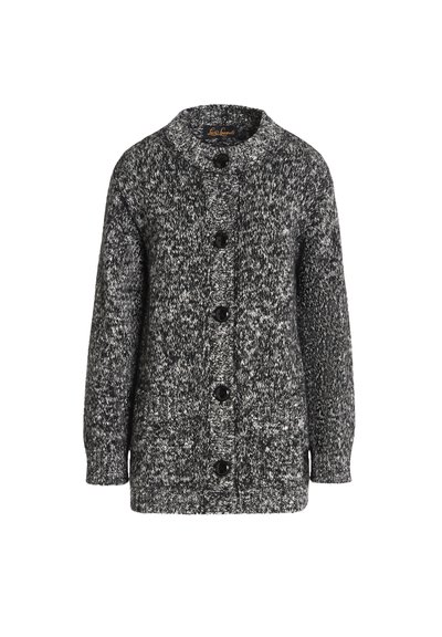 Gebreide cardigan in zwart en grijs met een gestructureerd patroon, een ronde kraag en zes zwarte knopen aan de voorkant. Lange mouwen.