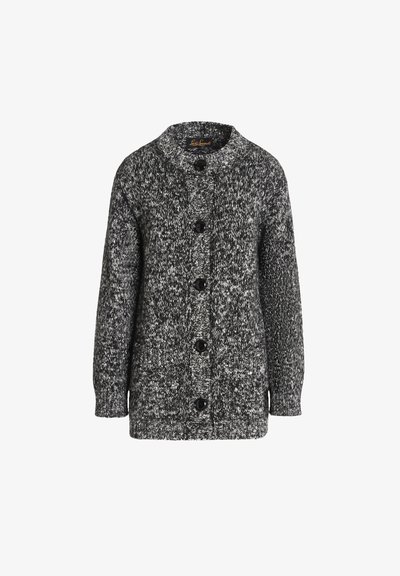 Adīts samta džemperis melnā un pelēkā krāsā ar strukturētu rakstu, apaļu apkakli un sešiem melniem pogām priekšpusē. Garas piedurknes.