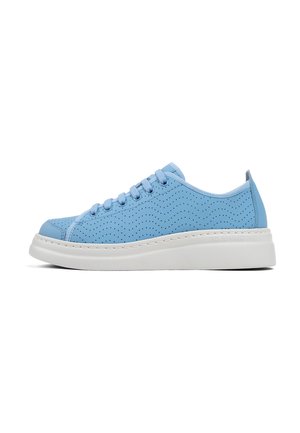 Light blue perforated leather sneaker with round toe, white rubber sole, and matching laces. Features a subtle wave pattern on the upper.