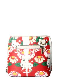 Borsa a tracolla rossa con un design floreale che presenta i personaggi di Hello Kitty, in ecopelle testurizzata, con accenti bianchi e una tasca con zip sul fronte.