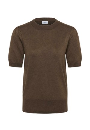 Maglione corto marrone a maniche corte con scollatura rotonda, polsini a costine e vestibilità dritta. Realizzato in morbido tessuto a maglia con una texture liscia.